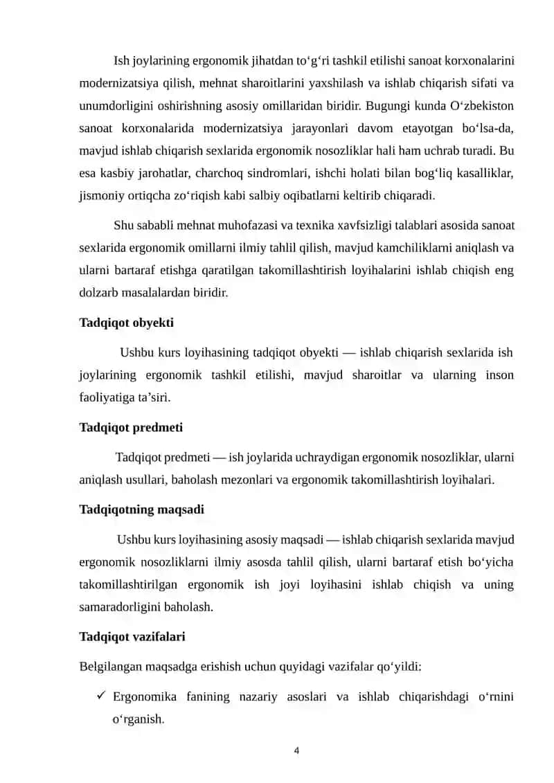 Ishlab chiqarishsexlarida ish joylarining ergonomik nosozliklarni tahlil qilish va takomillashtirish loyihasi 4