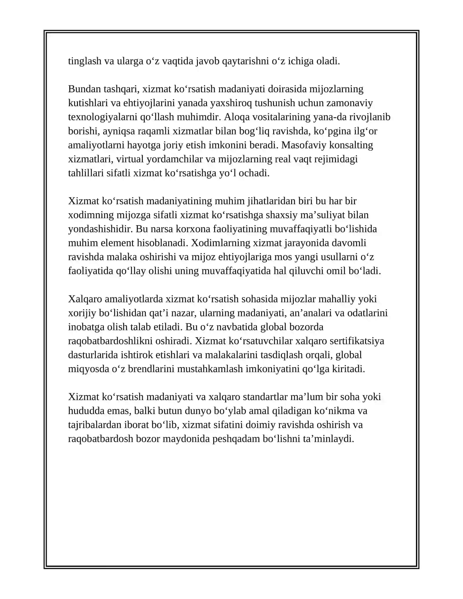 XIZMAT KOʻRSATISH MADANIYATI VA SERVIS ETIKETI: XALQARO AMALIYOTLAR 4