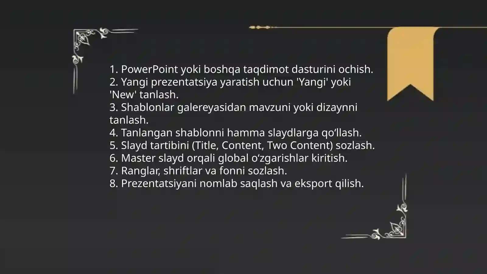 Power point dasturlari ulardan foydalanish asoslari, prezentatsiyalar yaratish, rasmlarni saqlash va yuklash va ularni tahrirlash 4