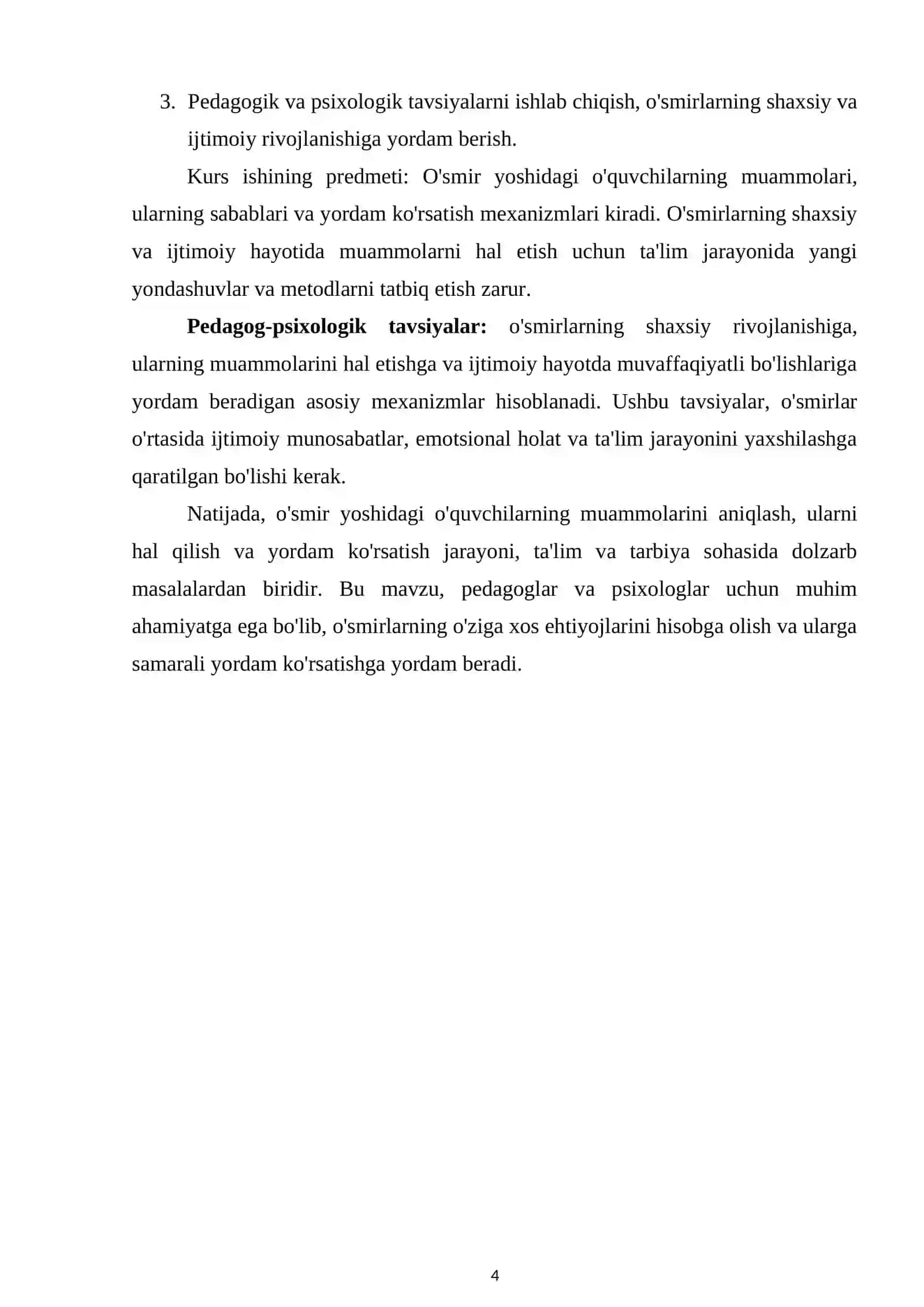 O'SMIR YOSHDAGI O'QUVCHILARNING MUAMMOLARI VA ULARGA KO'RSATILADIGAN YORDAM KURS ISHI 4