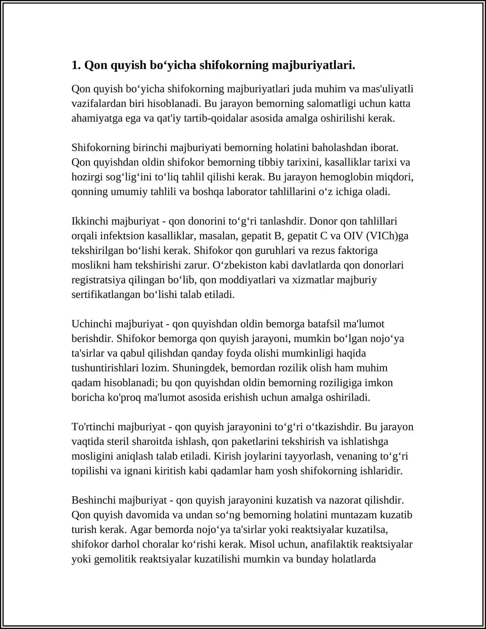 Qon quyish bo‘yicha shifokorning majburiyatlari 4