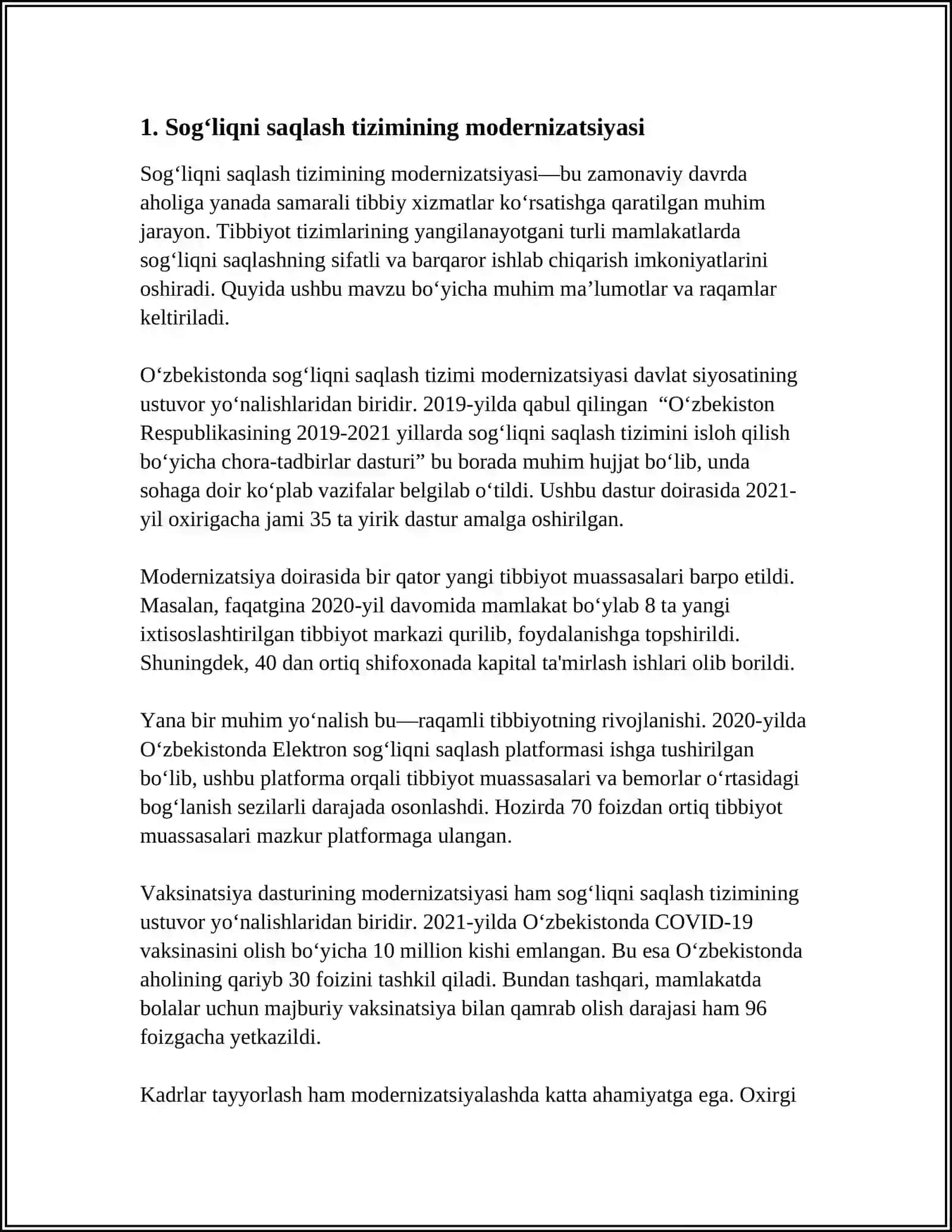 O‘ZBEKISTON RESPUBLIKASIDA TIBBIYOT SOHASIDA AMALGA OSHIRILGAN ISLOHOTLAR 4