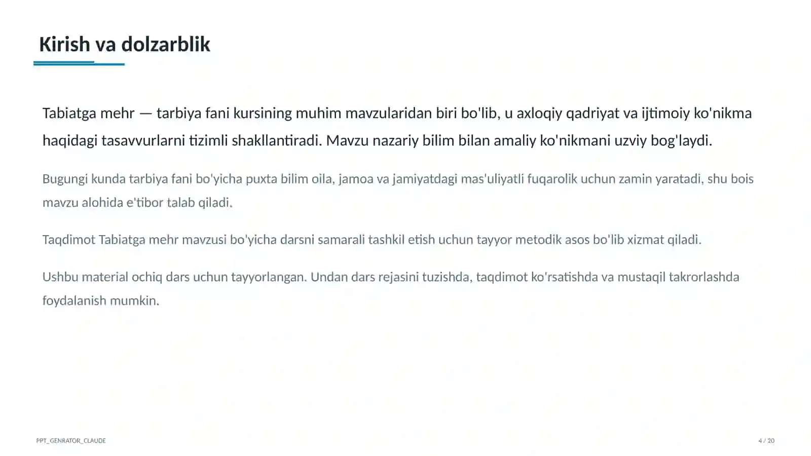 Tarbiya fani (1– 11) — ochiq dars uchun 4
