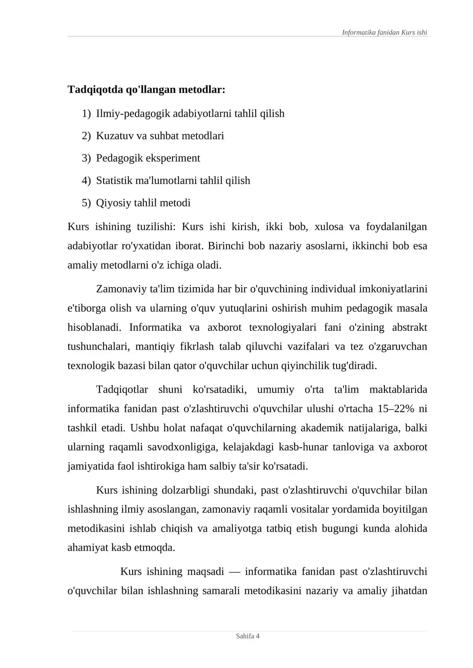 Informatika va axborot texnalogiyalari fanidan past o’zlashtiruvchi o’quvchilar bilan ishlash metodikasi 4