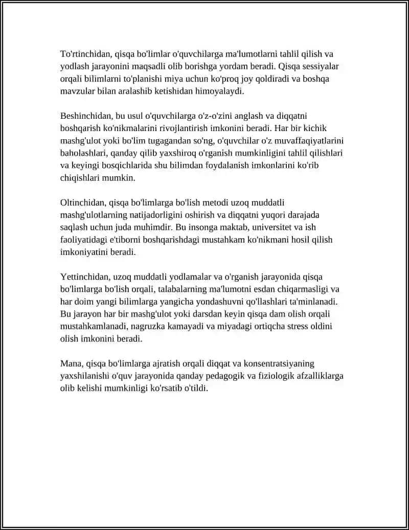 MASHG'ULOTNI QISQA BO'LIMLARGA AJRATISHNING O'QUV JARAYONIDAGI PEDAGOGIK VA FIZIOLOGIK AFZALLIKLARI QANDAY ASOSLANADI? 4