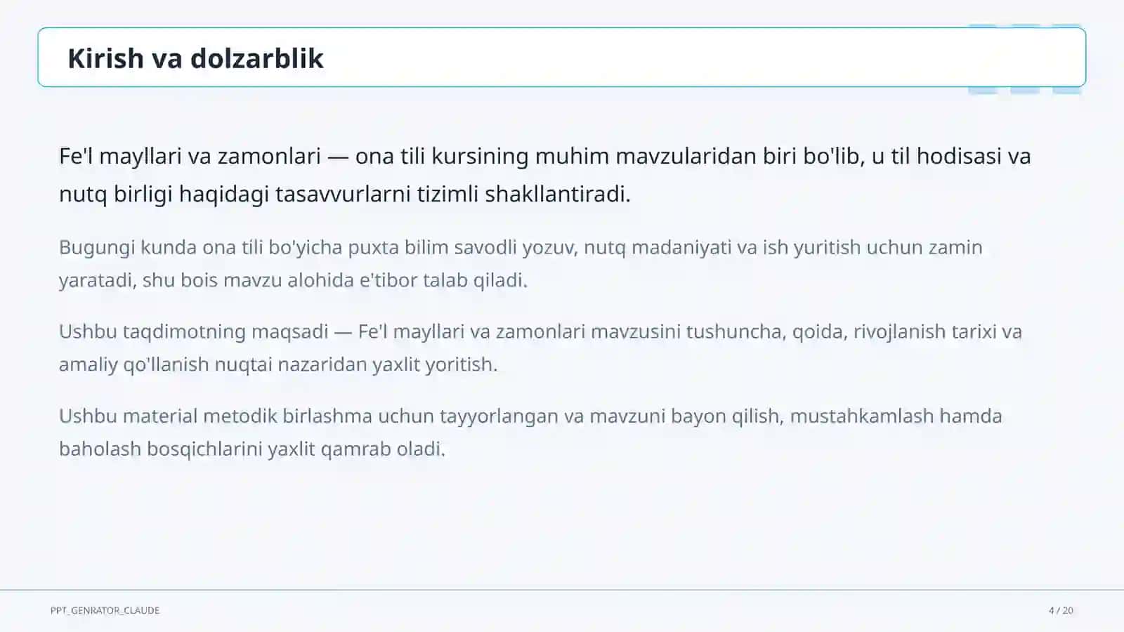 Fe'l mayllari va zamonlari (7-sinf) Ona tili (5–11) — metodik birlashma uchun 4