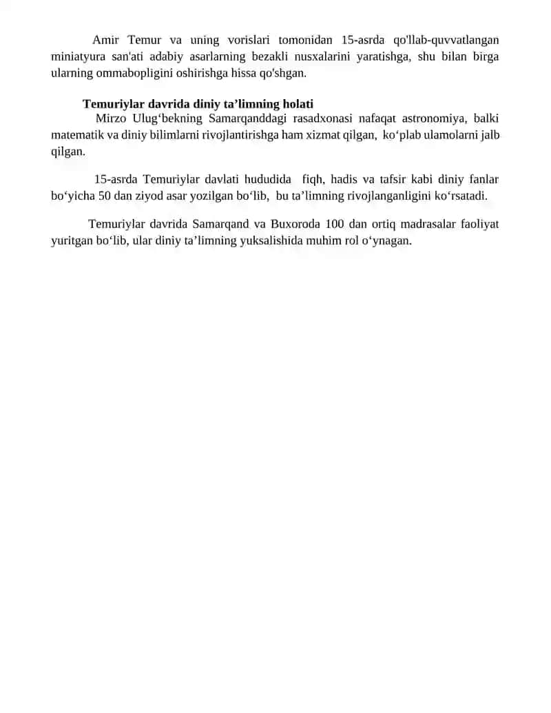 Temuriylar davrida temuriyzodalarning talim tafbiyaga qoʻshgan xissalari 4