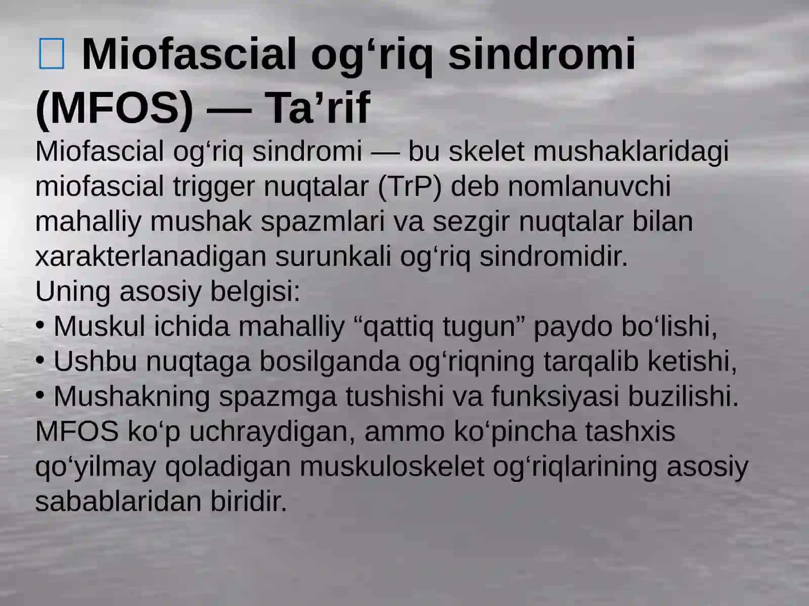 Miofasial ogʻriq sindromlarini fizioterapiya bilan davolash boʻyicha qisqa kurs: taʼrifi, sabablari, 4