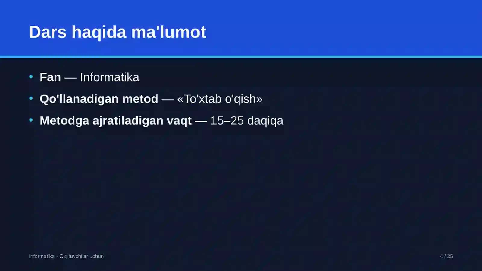 informatika darslarida to'xtab o'qish metodidan foydalanish 4822 4