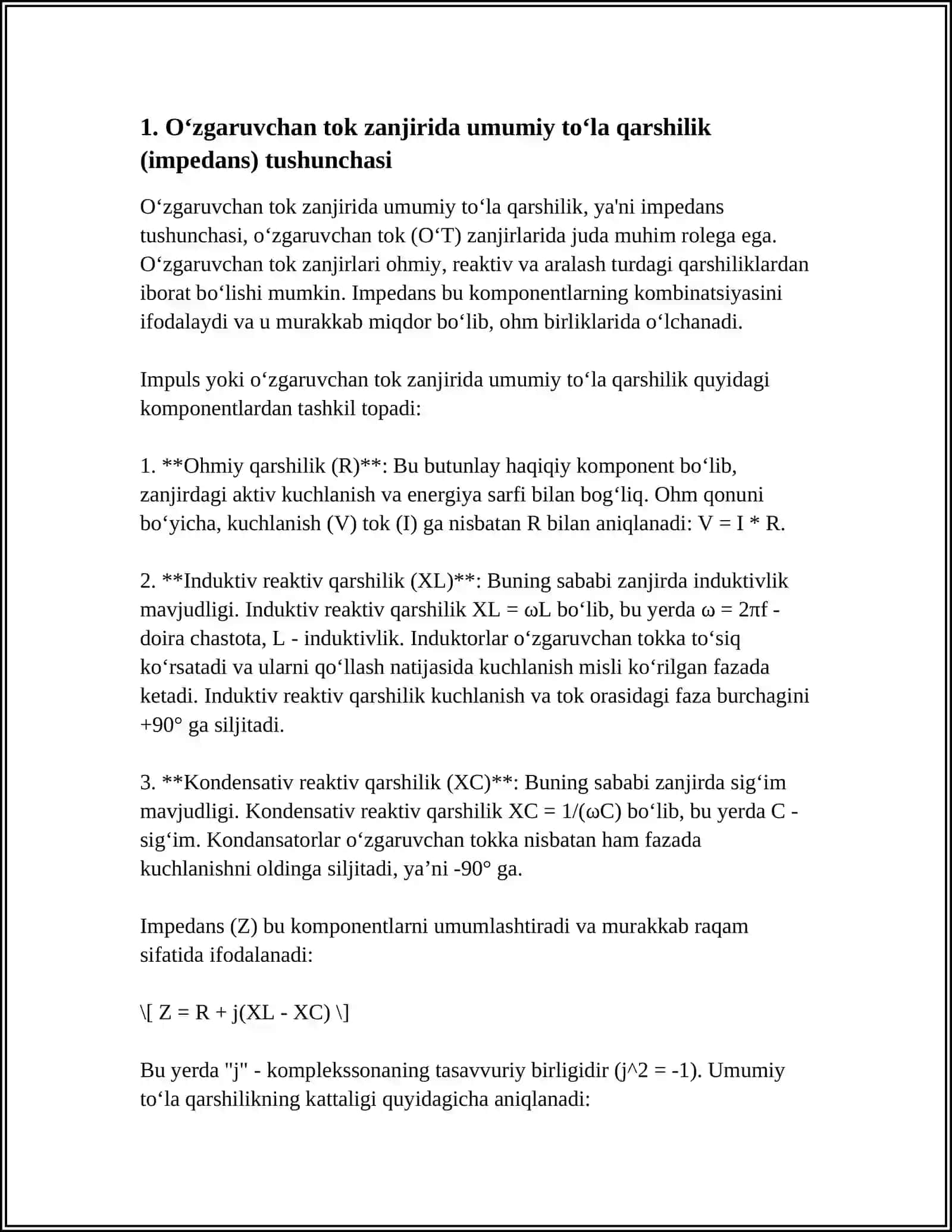 OʻZGARUVCHAN TOK ZANJIRIDA TOʻLA QARSHILIKNI (IMPEDANSNI) TURLI OʻZARO ULASH HOLLARIDA HISOBLASH IFODALARINI KELTIRIB CHIQARISH 4