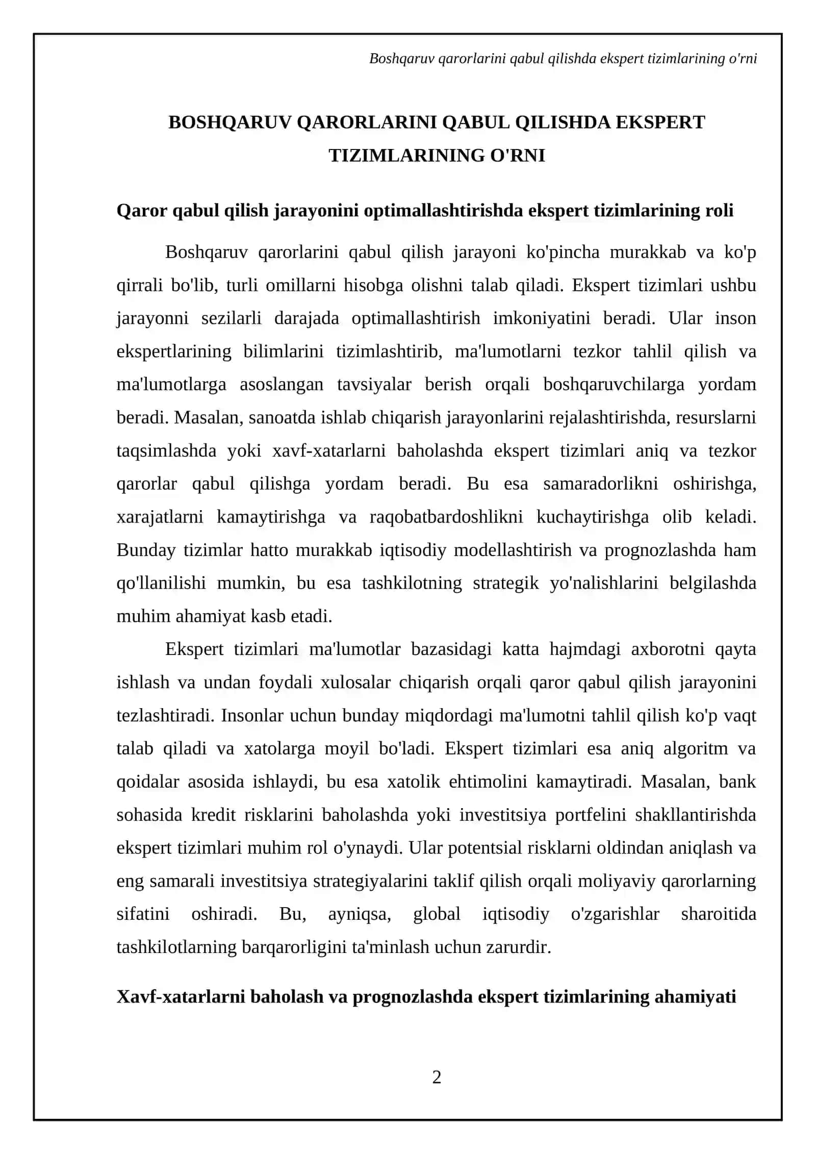 Ekspert tizimlarini boshqaruvidagi urni va ularni iqtisodiyot tarmoqlarda qo'llanilishi 4