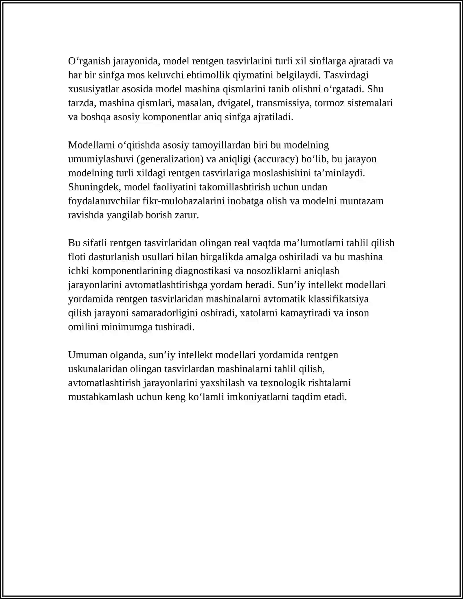 SUN’IY INTELLEKT DASTURIY VOSITALARI ASOSIDA RENTGEN USKUNALARIDAN OLINGAN TASVIRLARDAN MASHINALARNI TAHLIL QILISH 4