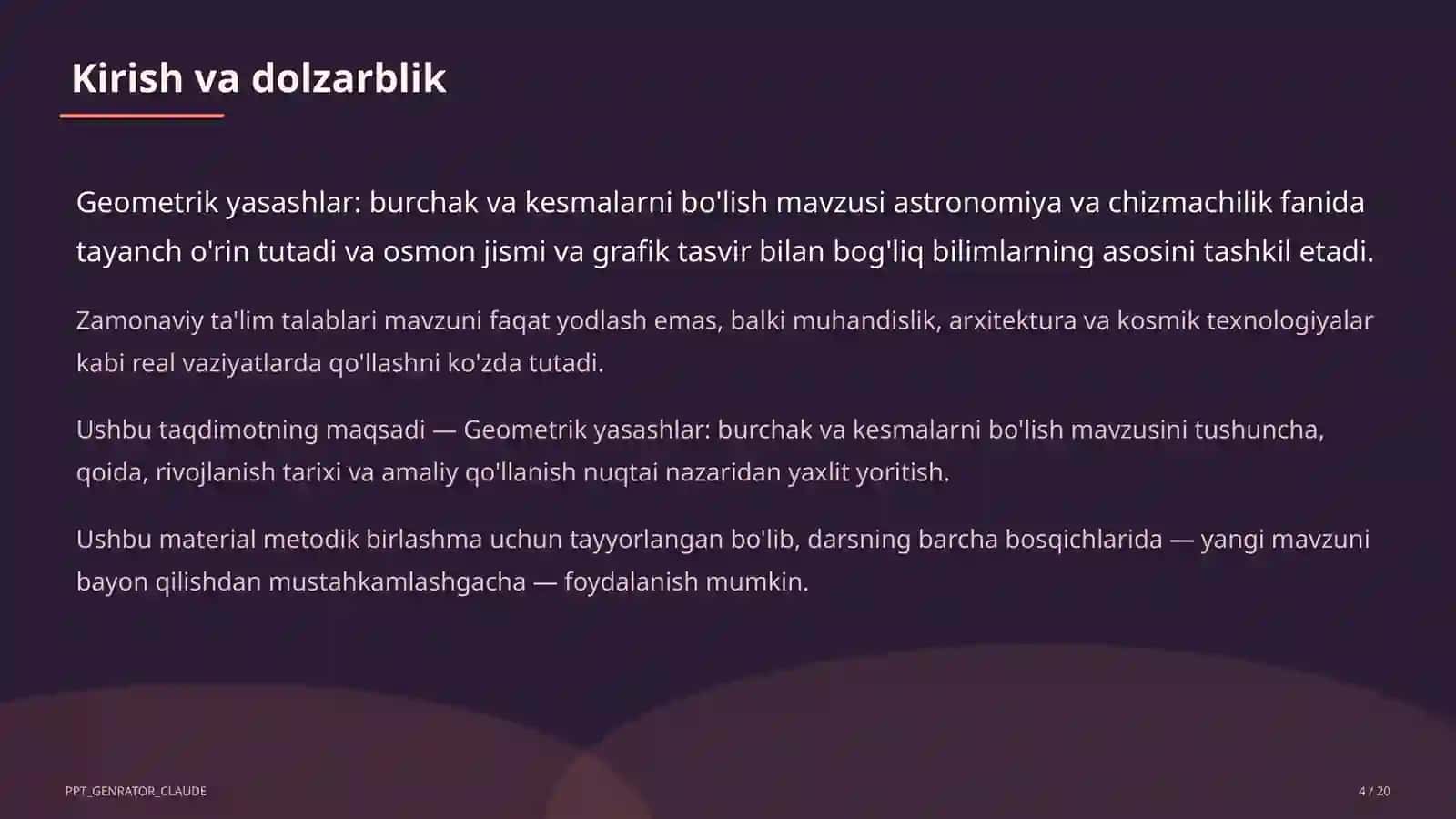 Geometrik yasashlar: burchak va kesmalarni bo'lish (8-sinf) 4