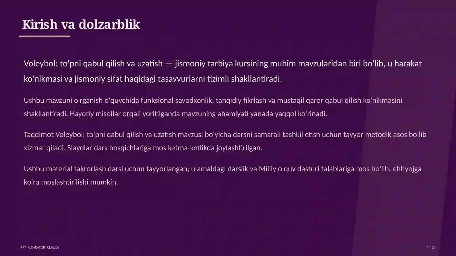 Voleybol: to'pni qabul qilish va uzatish (5-sinf) 4