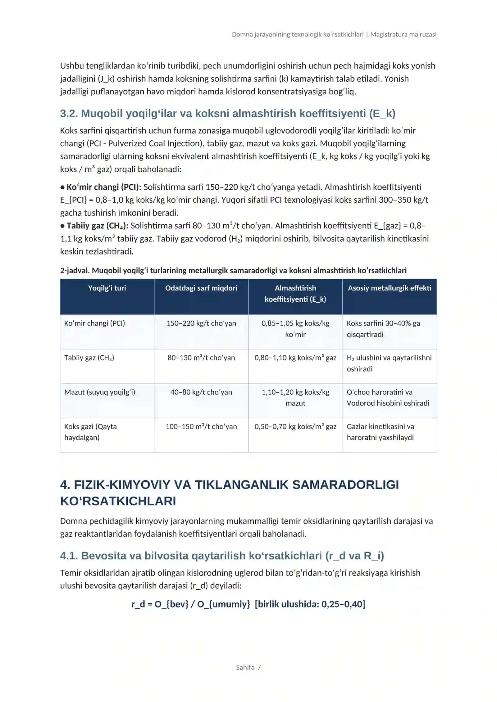 DOMNA JARAYONINING TEXNOLOGIK VA TEXNIK-IQTISODIY KO‘RSATKICHLARI 4
