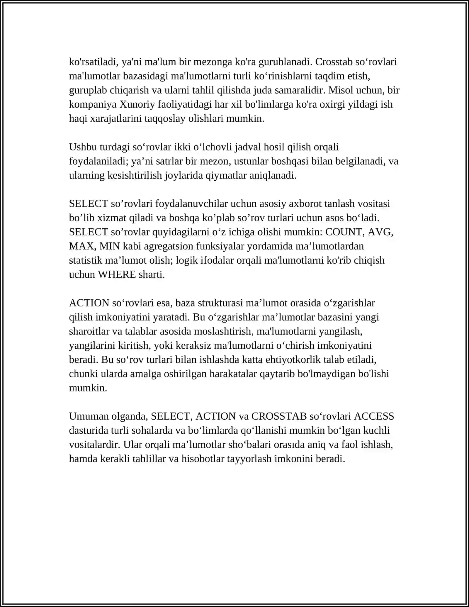 MBBT ACCESS DASTURIDA SOʻROV VA HISOBATLAR TAYYORLASH 4