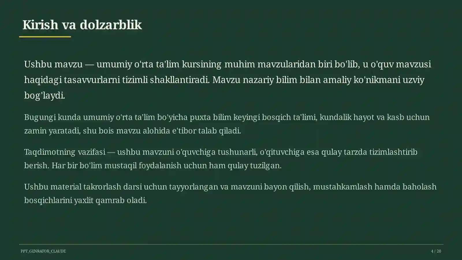 Dolzarb mavzular — maktab va o'qituvchilar (2026) — takrorlash darsi uchun 4