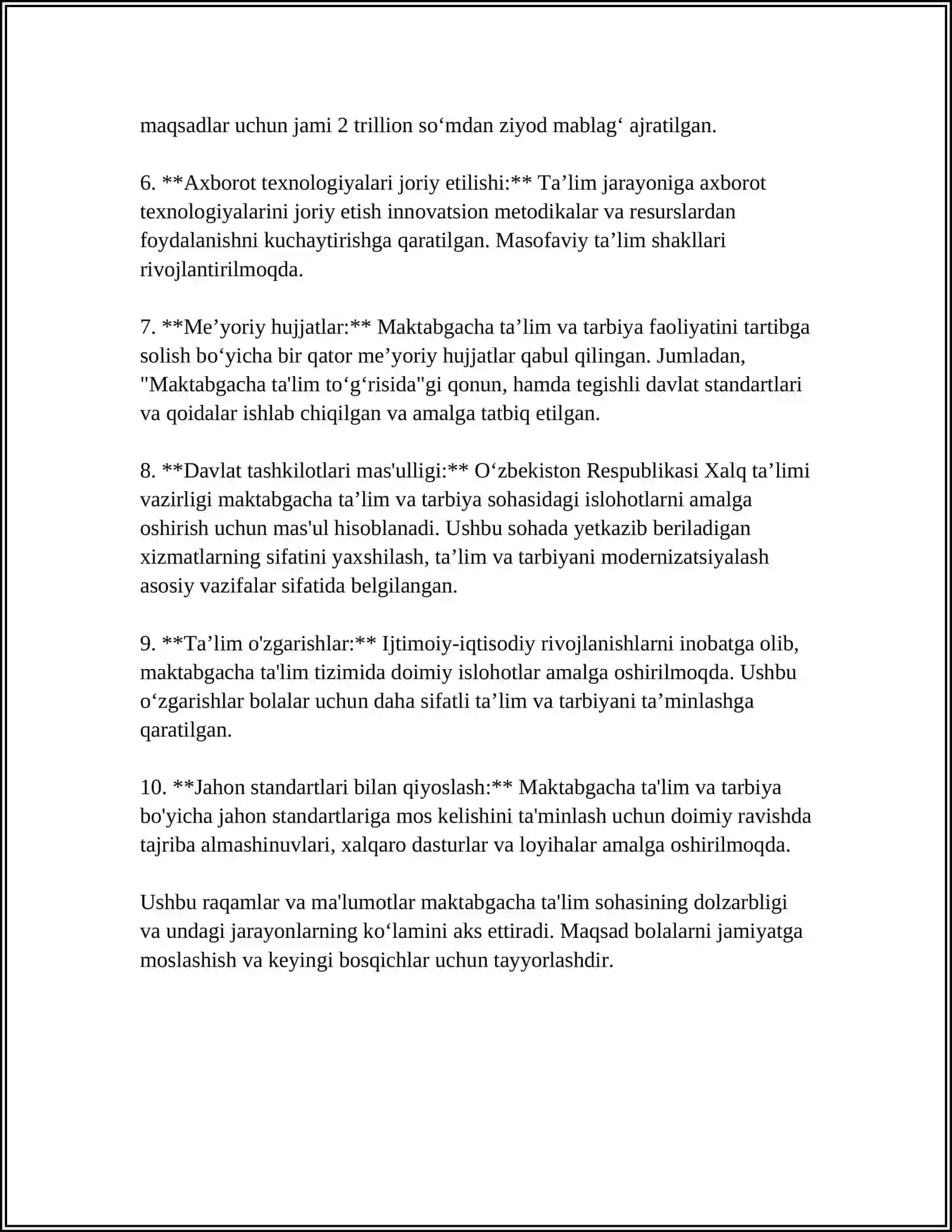 MAKTABGACHA TA‘LIM VA TARBIYA STANDARTI VA UNDAGI RIVOJLANTIRUVCHI MUHITNI TASHKIL ETISHGA QO‘YILADIGAN TALABLAR 4