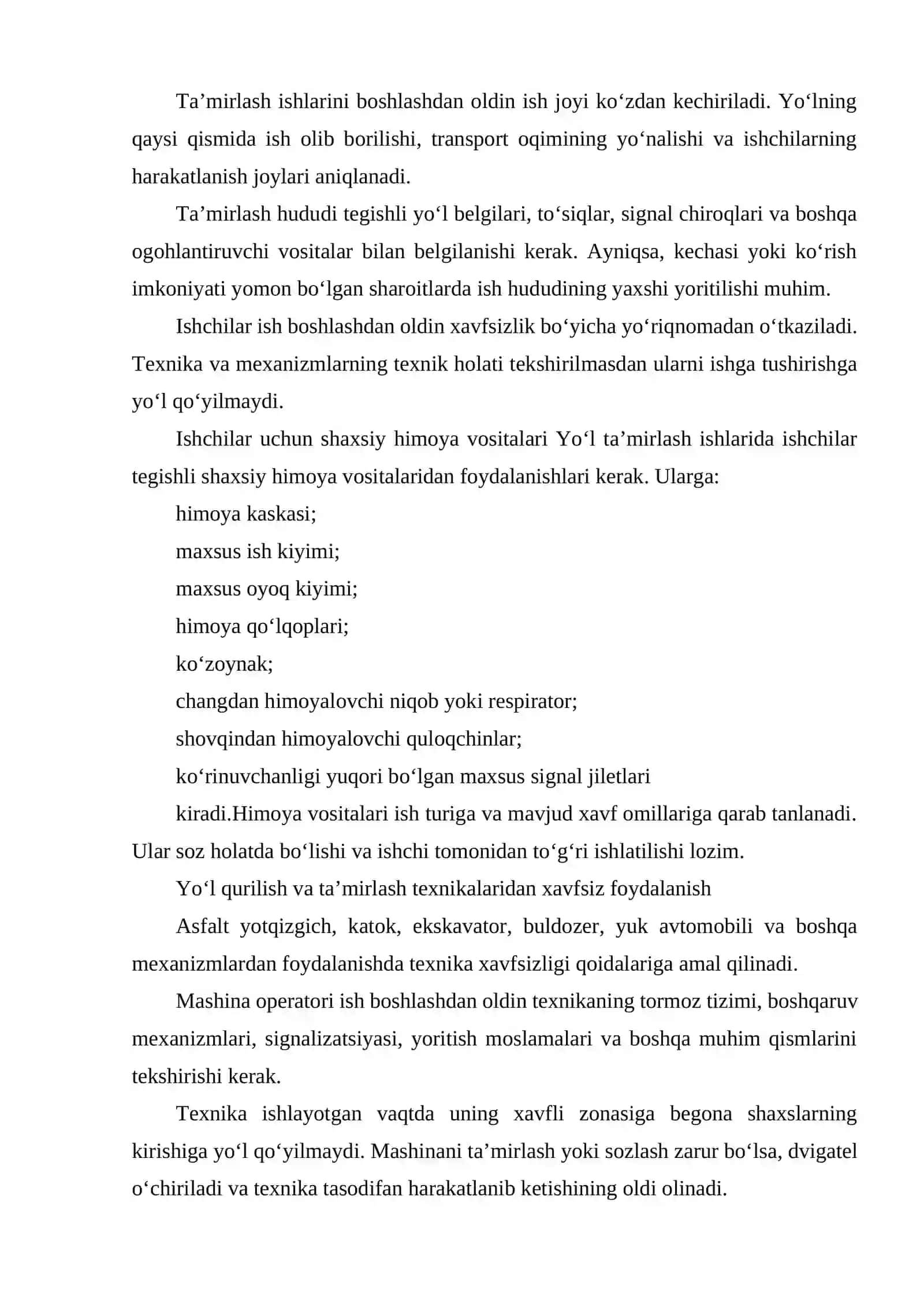 AVTOMOBIL YOʻLARINI TA'MIRLASH VA SAQLASHDA XAFSIZLIK TEXNIKASI 4