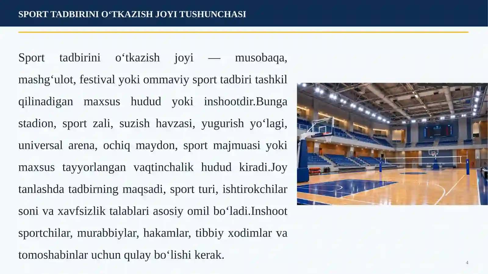 SPORT TADBIRLARINI O‘TKAZISH JOYI VA SPORT INSHOOTLARINI TANLASH 4