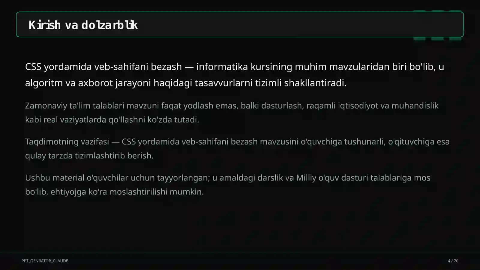 Dars rejasi 4