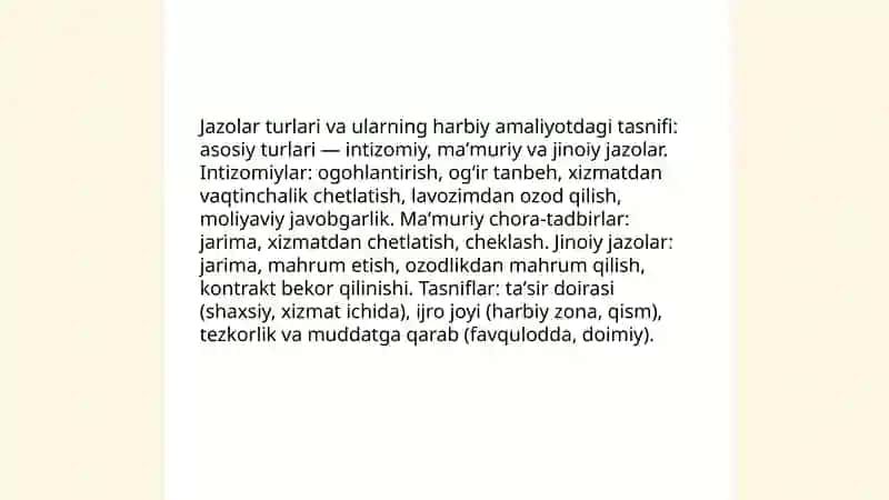 Harbiy xizmatchilarga nisbatan qoʼllaniladigan jazolarni ijro etish tartibi va shartlari 4