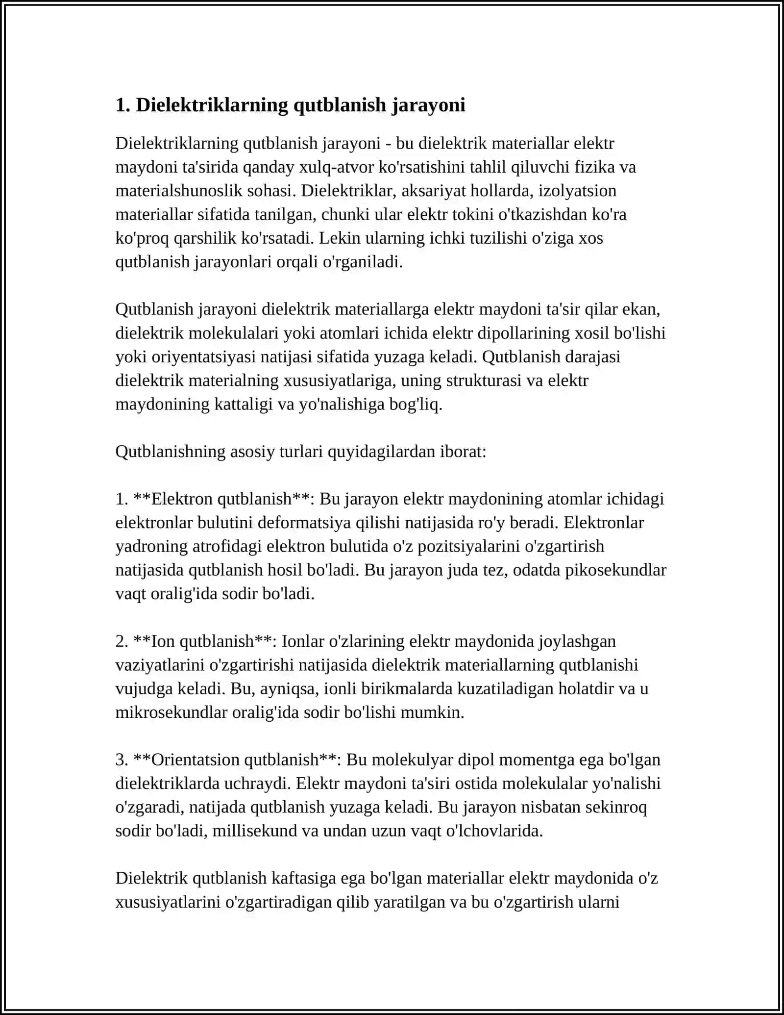 DIELEKTRIKLARNING QUTBLANISHI.DIELEKTRIK SINGDIRUCHANLIK.DIELEKTRIKLAR UCHUN ELEKTROSTATIKANING ASOSIY TENGLAMALARI 4