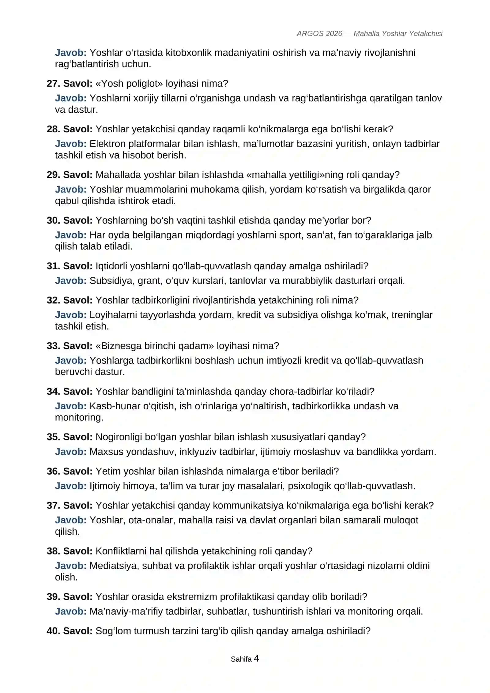 ARGOS 2026 Mahalla yoshlar yetakchisi savollar va javoblar 4