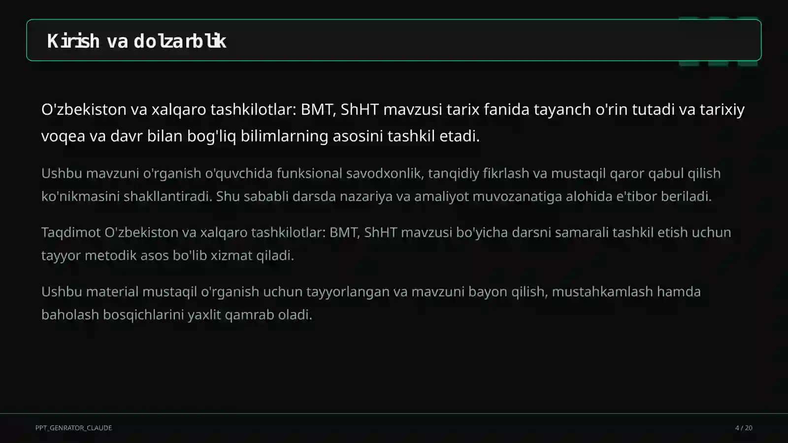 O'zbekiston va xalqaro tashkilotlar: BMT, ShHT (11-sinf) 4