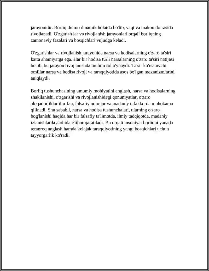 BORLIQDA NARSA VA HODISALARNING PAYDO BO'LISHI,SHAKLLANISHI,O'ZGARISHI,RIVOJLANISHI VA TARAQQIYOTNING O'ZARO ALOQADORLIGI 4
