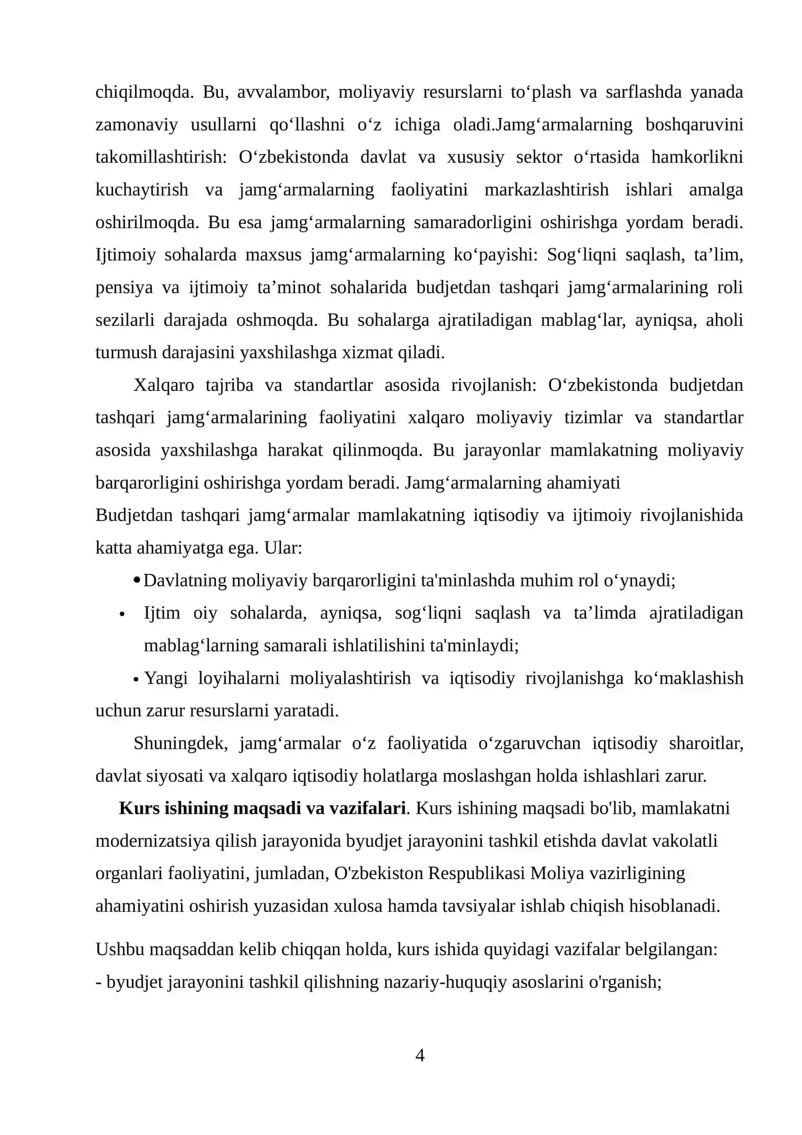 O’zbekiston Respublikasida byudjetdan tashqari jamg`armalarining tashkiliy huquqiy asoslari va rivojlanish tendensiyalari mavzuda kurs ishi 4