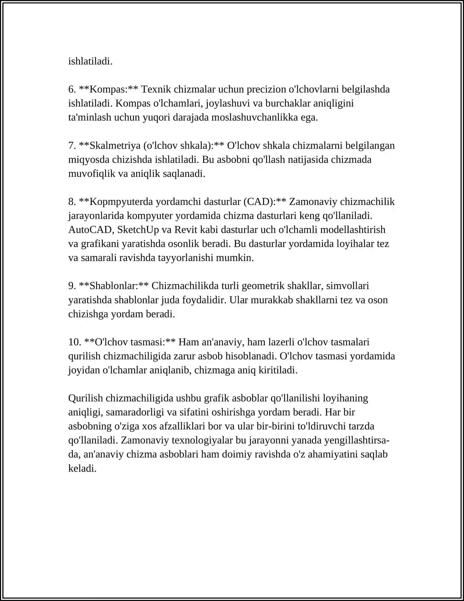 MUSTAQIL ISH Mavzu: QURILISH CHIZMACHILIGIDA GRAFIK ISHLAR MAZMUNI 4