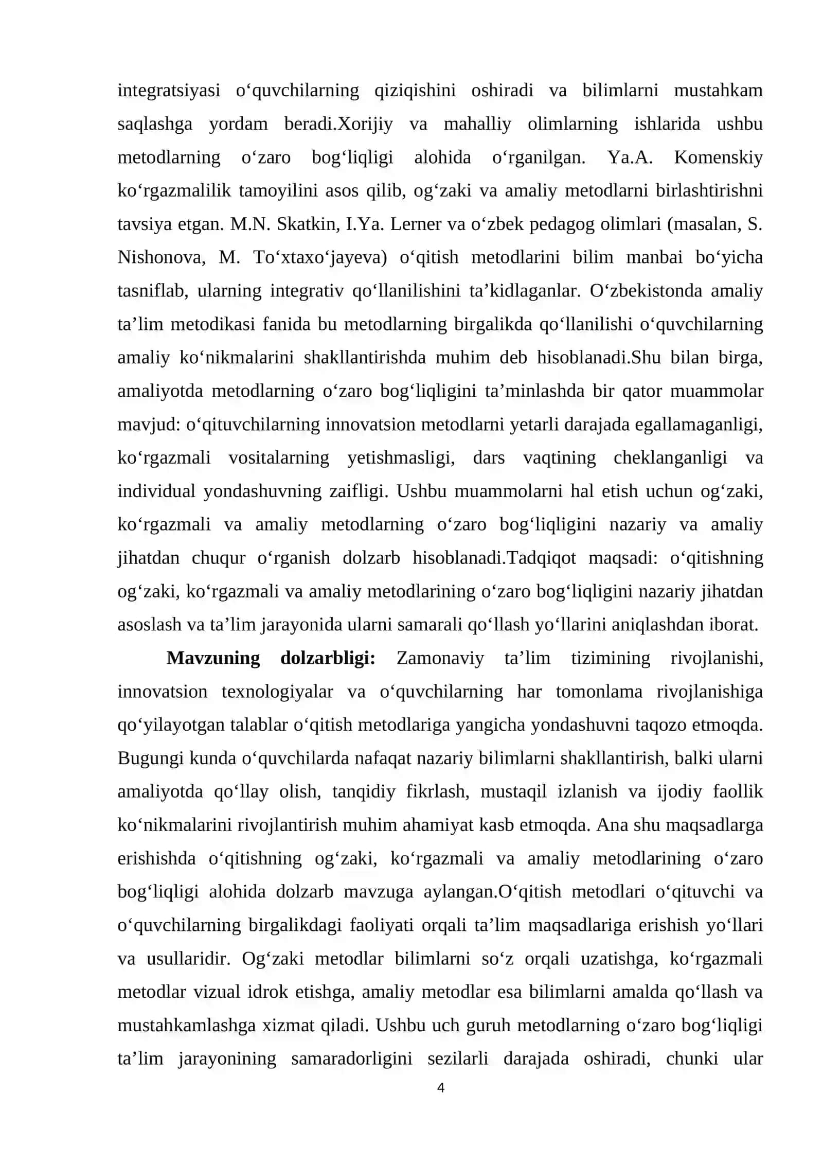 O‘QITISHNING OG‘ZAKI, KO‘RGAZMALI VA AMALIY METODLARINING O‘ZARO BOG‘LIQLIGI 4