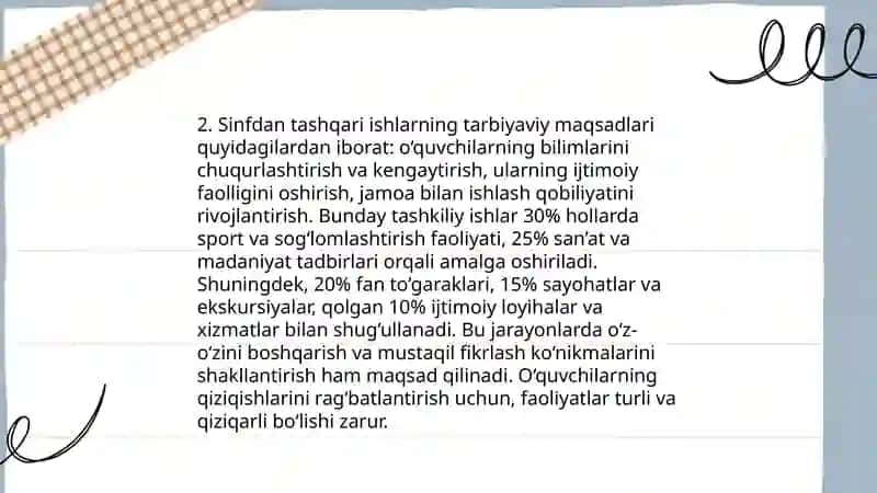 Sinfdan tashqari ishlarni tashkil etishning muammolarini o'rganish 4