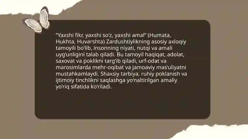 Zardushtiylik ta'limoti urf-odat marosimlaar, ma'naviy axloqiy qarashlar 4