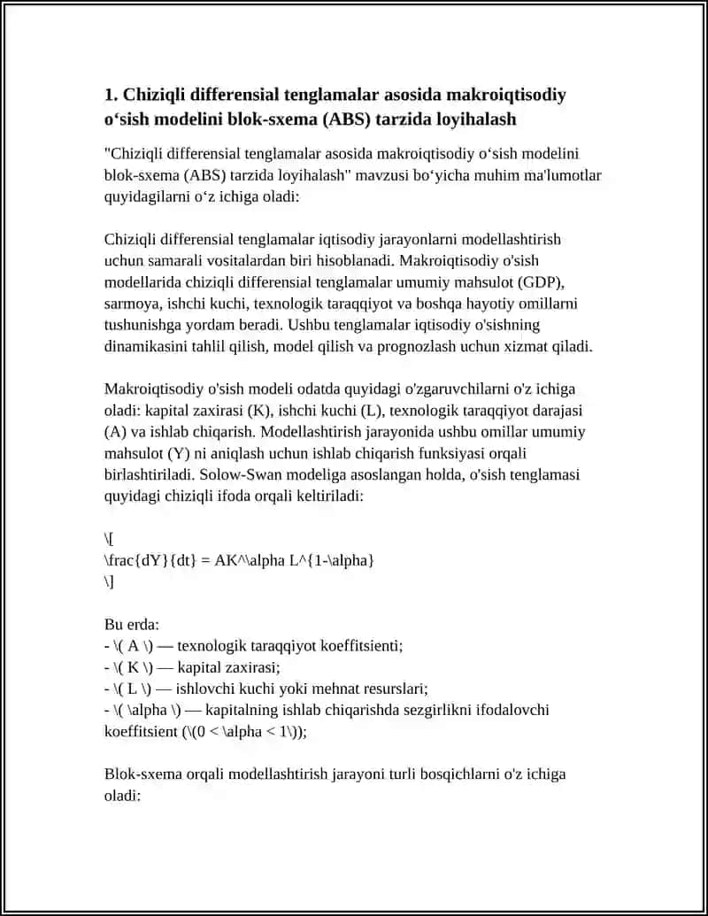 MATEMATIK MODELLARI: CHIZIQLI, TARMOQLANUVCHI VA TAKRORLANUVCHI XARAKTERDAGI MATEMATIK TENGLAMA VA IFODALARGA KELTIRUVCHI IQTISODIY JARAYONLAR VA MASALALAR UCHUN HISOBLASH ALGORITM-BLOK SXEMASI(ABS) QURING 4