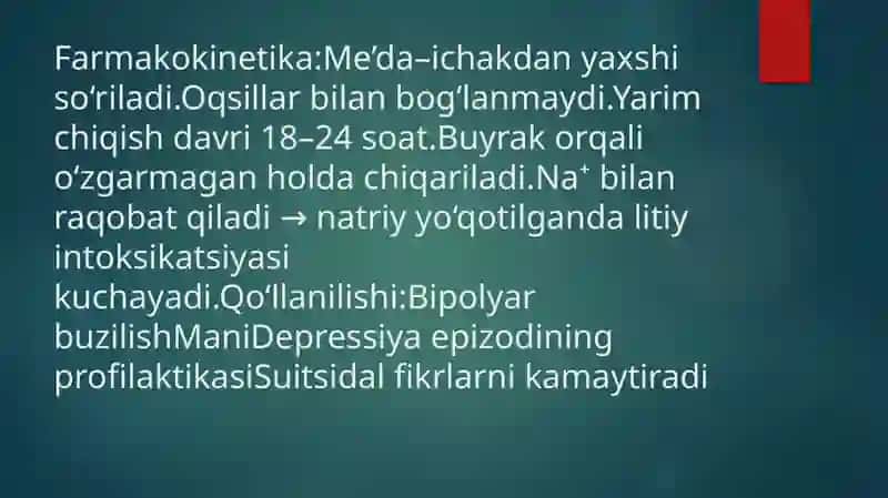 Litiy tuzlari sedativ vositalar parkinsonni davolovchi vositalar epilipsiyaga qarshi dori vositalar 4