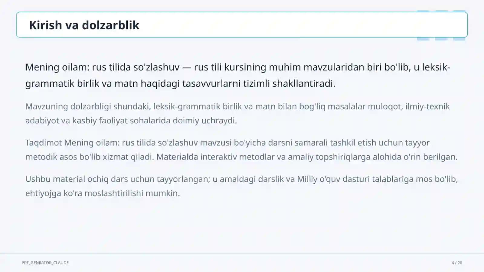 Mening oilam: rus tilida so'zlashuv (3-sinf) 4