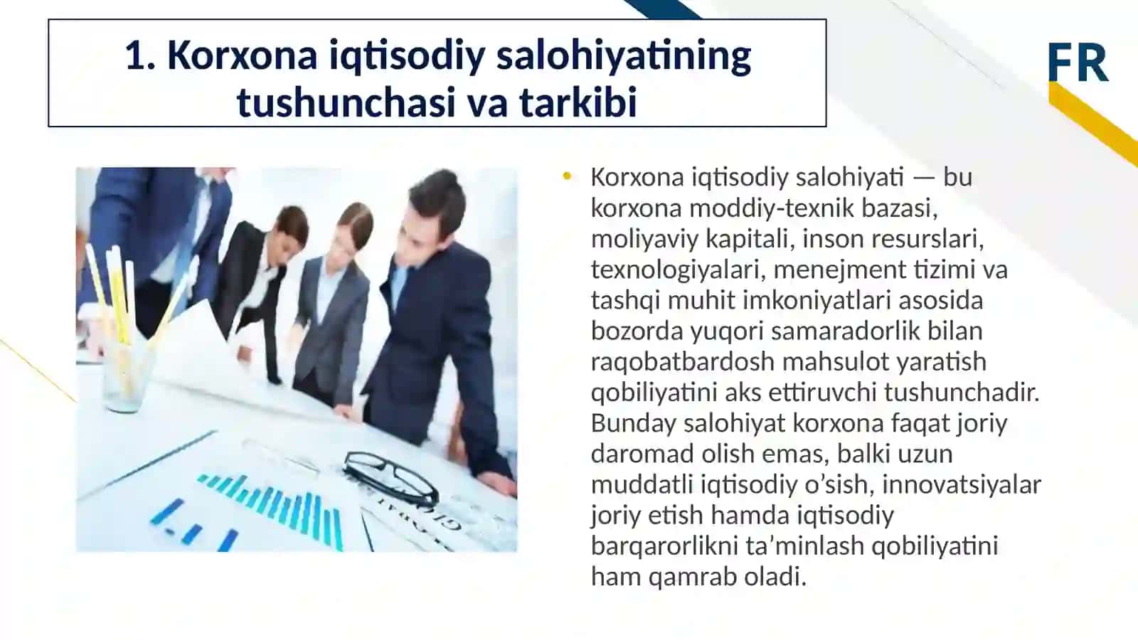 Korxonalar iqtisodiy salohiyati tarkibi, koʻrsatgichlar tizimi va samaradorligini tahlili. 4