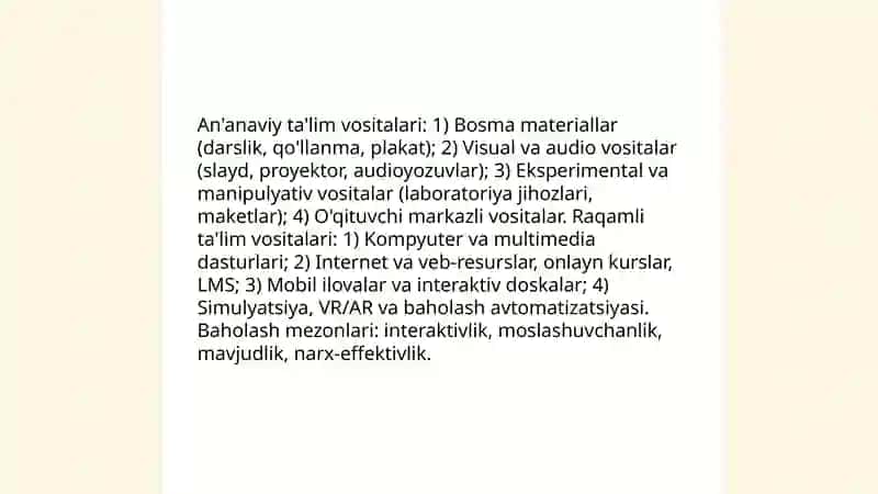 Zamonaviy ta'lim vositalarining turlari va o'quv jarayonida ta'lim vositalardan foydalanish metodikasi bilan tanishish 4