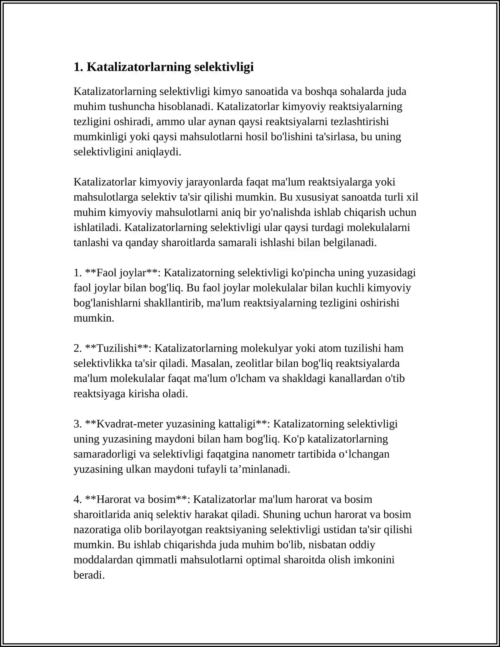 KATALIZATORLARNING SELEKTIVLIGI, AKTIVLIGI, YONISH XARORATI, ZAXARLANISHI 4