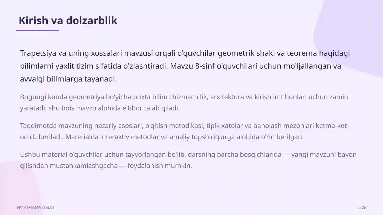 Trapetsiya va uning xossalari (8-sinf) 4