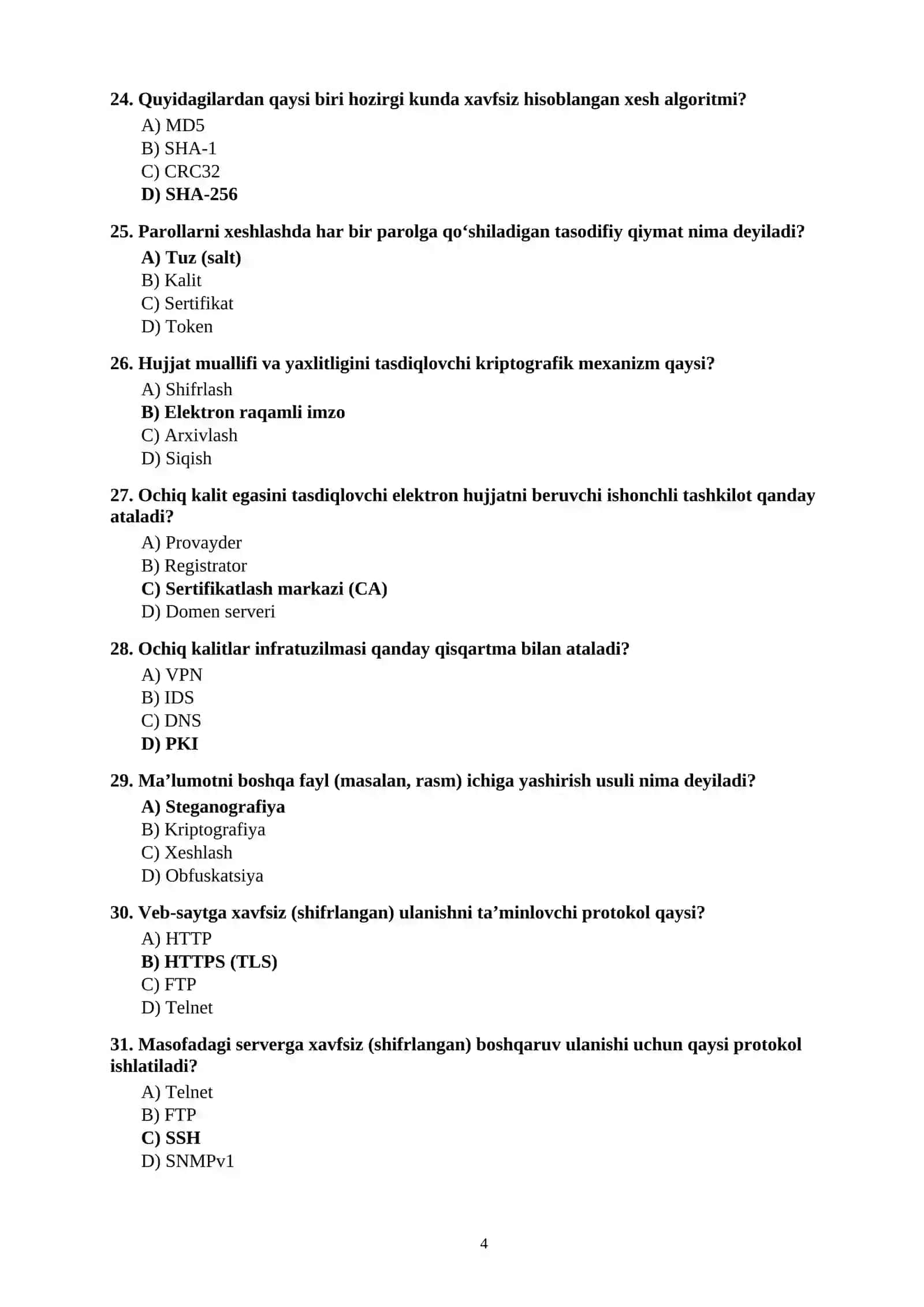 KIBERXAVFSIZLIK” DAN 100 TA TEST SAVOLLARI JAVOBLARI BILAN 4