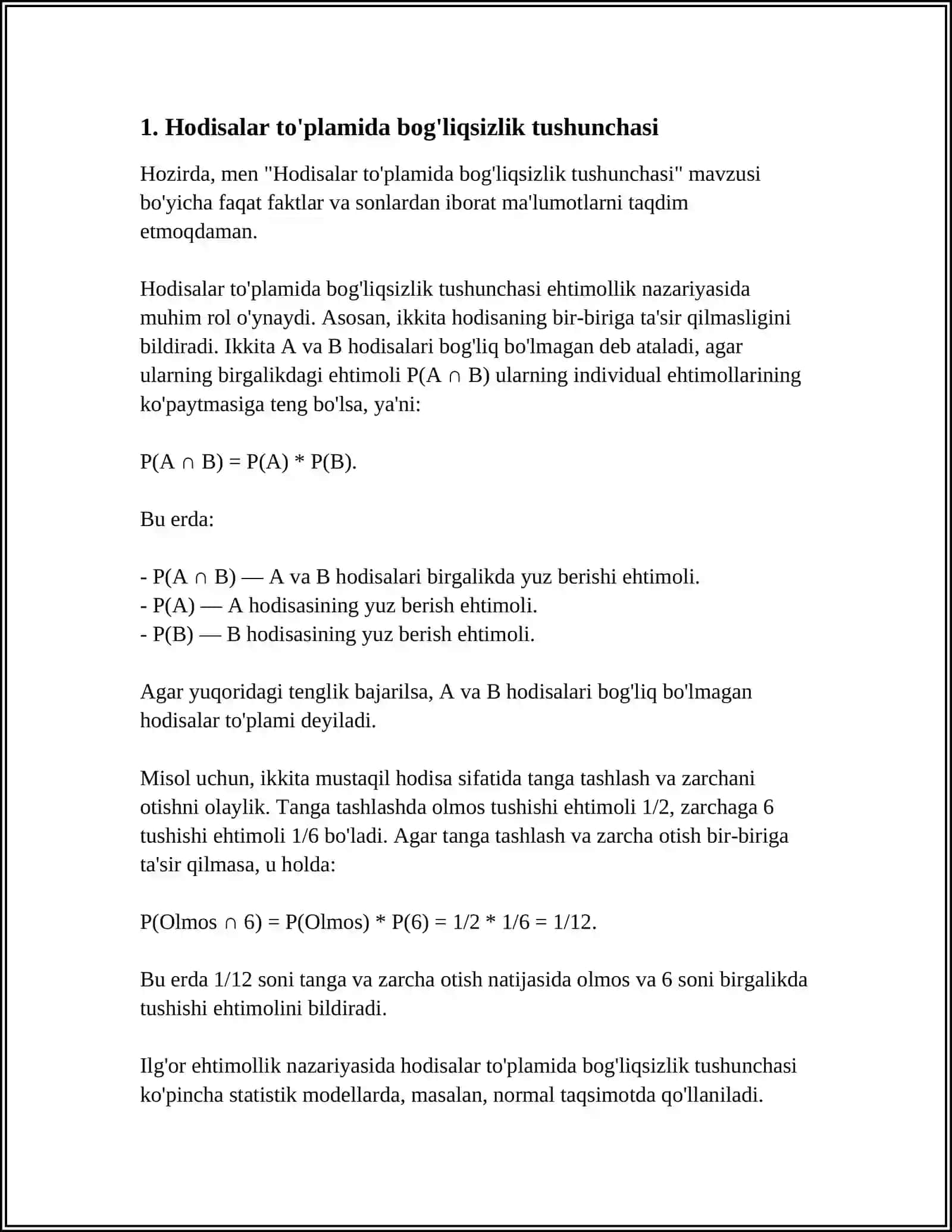 HODISALARNING OʻZ TOʻPLAMIDA BOGʻLIQSIZLIGI VA JUFTI-JUFTI BILAN BOGʻLIQSIZLIK ORASIDAGI MUNOSABAT 4
