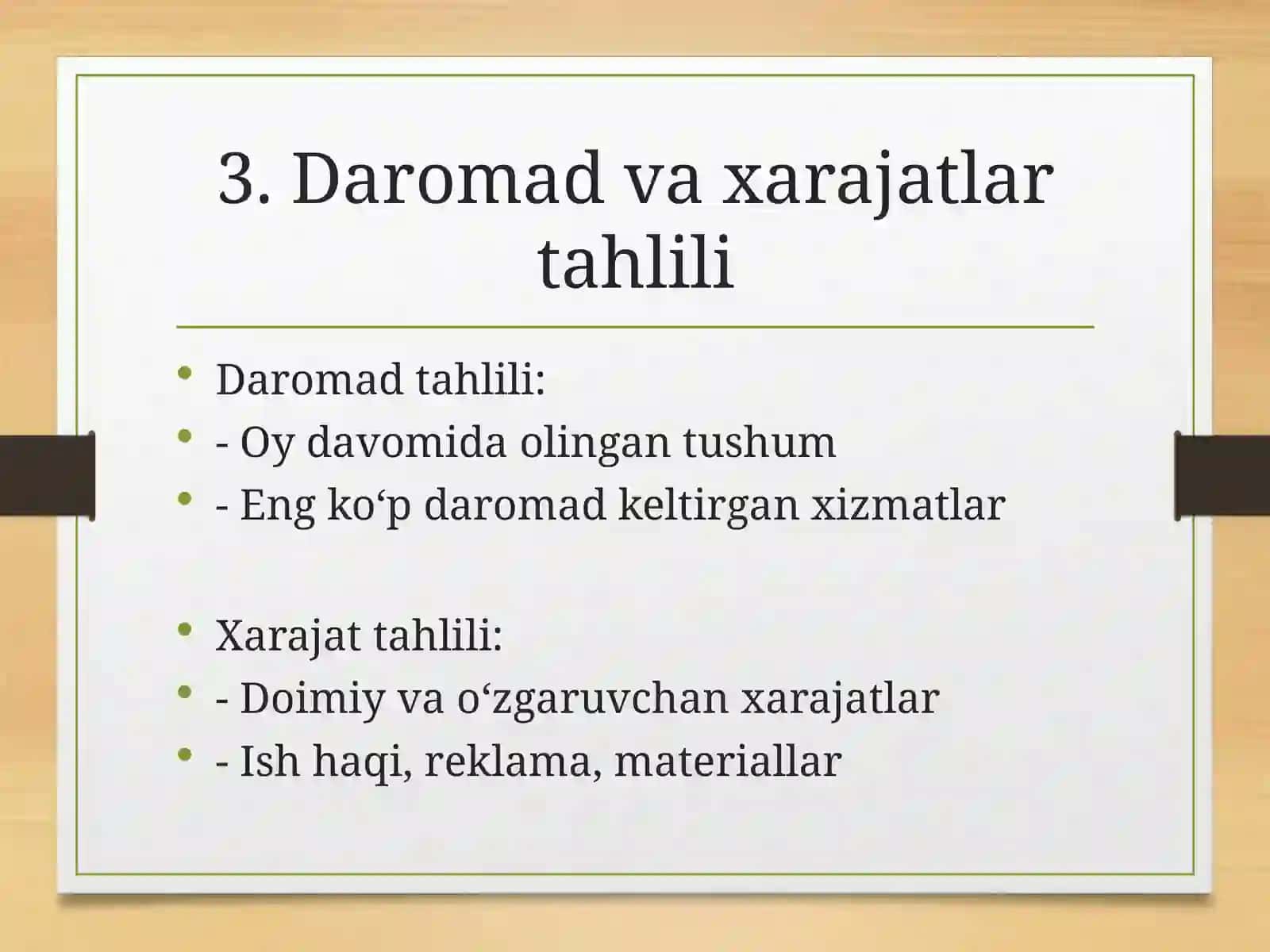 Fan:MoliyaasoslariTadbirkorlikfaoliyatining1oylikmoliyaviytahlili 4