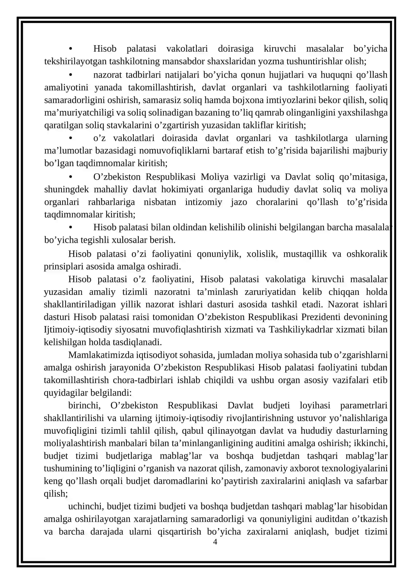 O’zbekiston Respublikasi Hisob palatasi va uning moliyaviy nazoratni tashkil etishdagi o’rni 4
