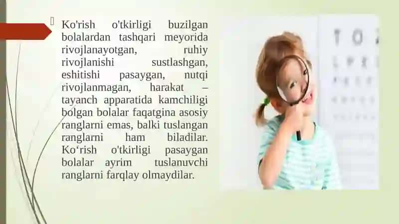 Ko‘rishidanuqsonlargaegabo‘lganbolalaruchuninklyuzivta’limstrategiyalarivaularniamalgaoshirishshart-sharoitlari 4
