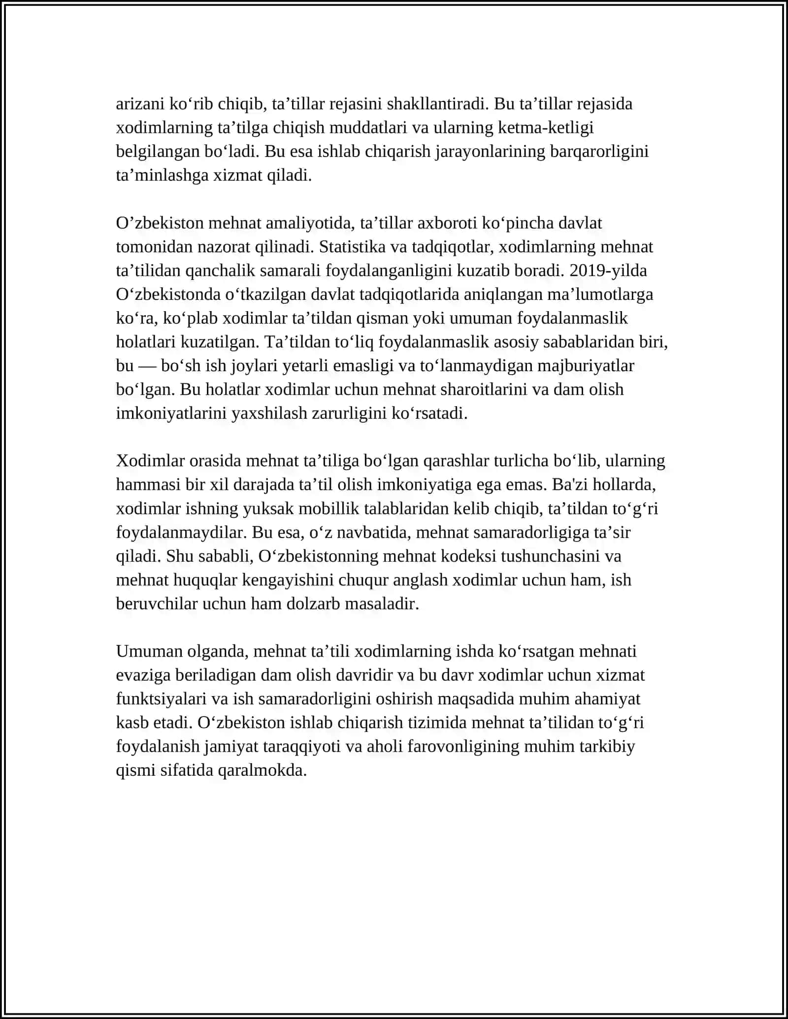 MUSTAQIL ISH Mavzu: MEHNAT TA’TILI, XIZMAT SAFARI VA VAQTINCHA MEHNATGA QOBILIYATSIZLIGI BO‘YICHA NAFAQA PULINI HISOBLASH 4