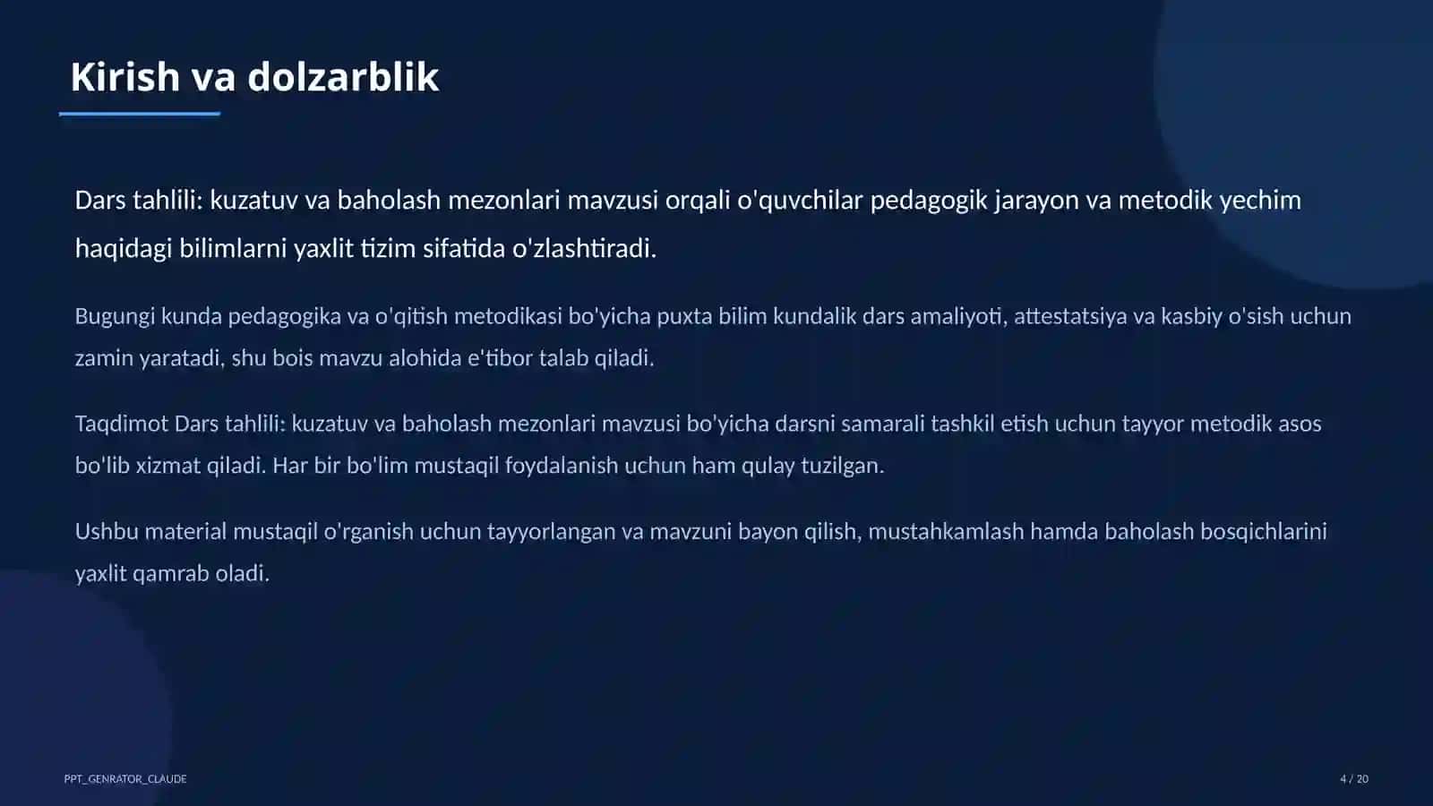 Dars tahlili: kuzatuv va baholash mezonlari 4