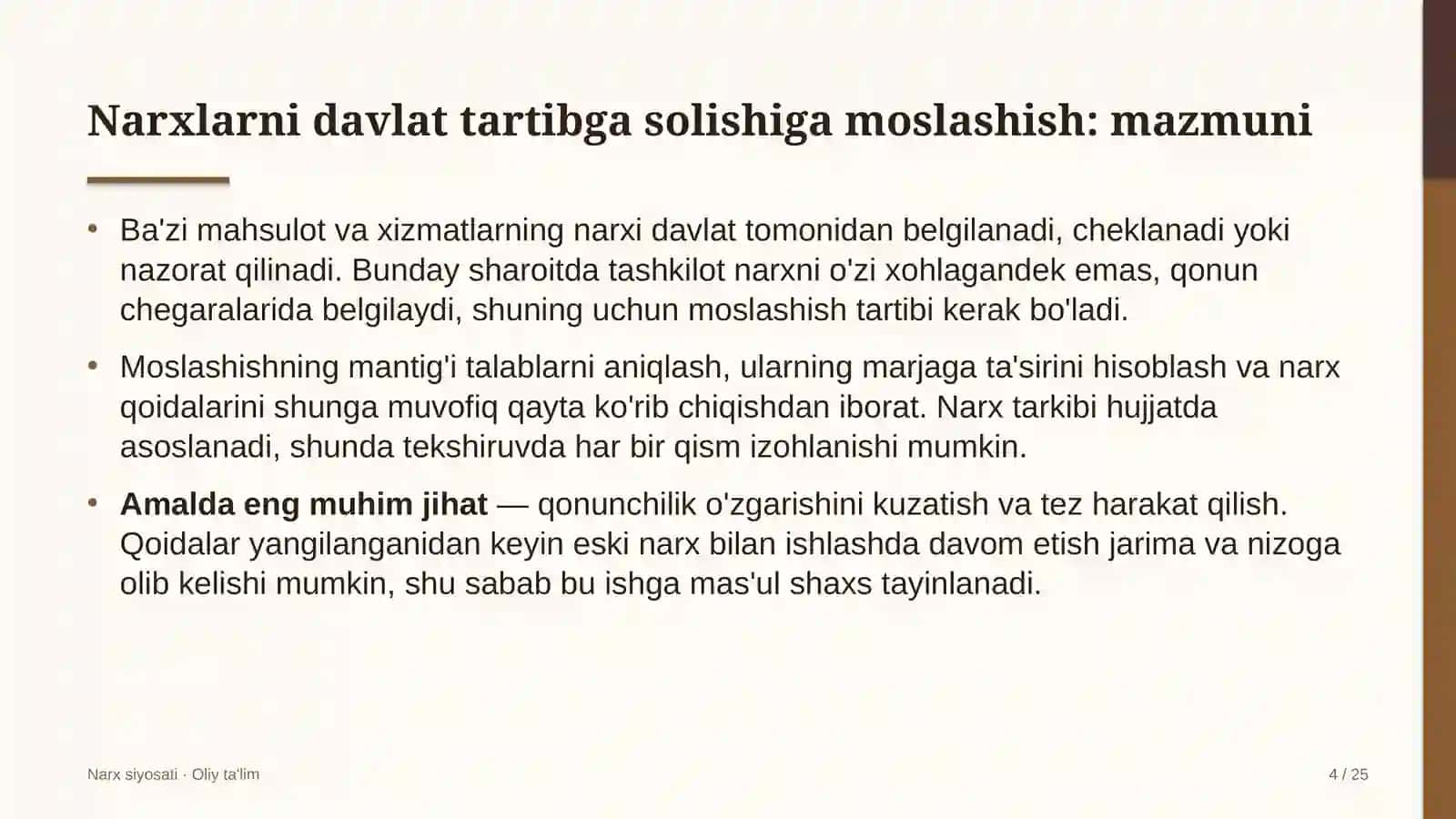 Loyiha institutlarida narxlarni davlat tomonidan tartibga solishga moslashish 4